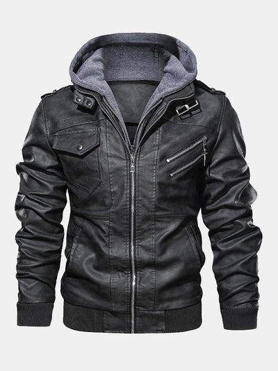 Hawke | Detachable Hooded Zip Up PU Leather Jacket