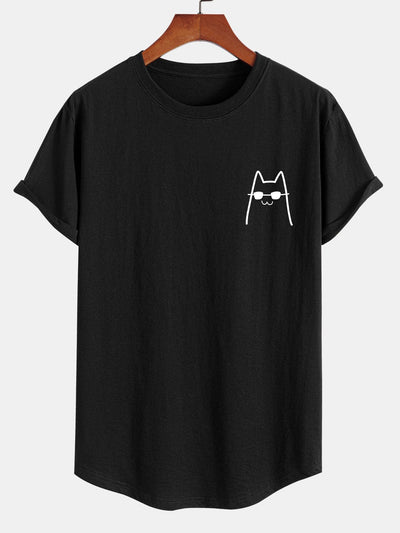 Anthony® | Cat With Sunglasses Print Cotton Arc Hem T-Shirt
