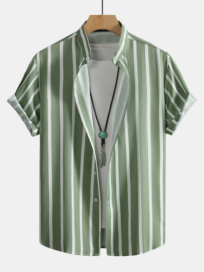 Andreas® | Striped Button Up Stand Collar Shirt