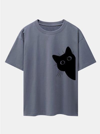 Severo® | Black Cat Print Drop Shoulder Oversize T-Shirt