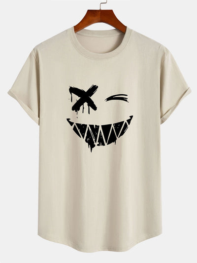 Aarón® | Smiley Face Print Cotton Arc Hem T-Shirt