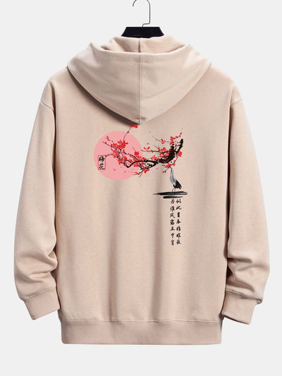 Larry | Plum Blossom And Crane Back Print Relax Fit Hoodie