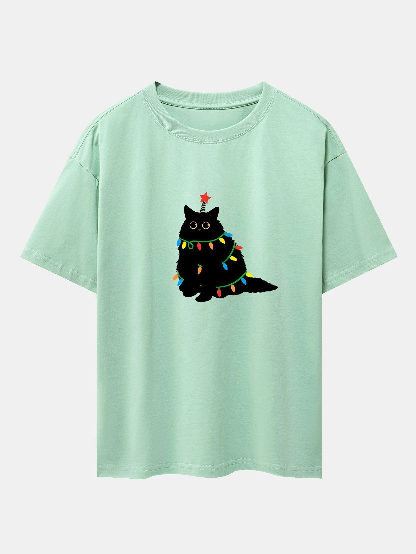Silvano® | Christmas Lights Black Cat Print Drop Shoulder Oversize T-Shirt
