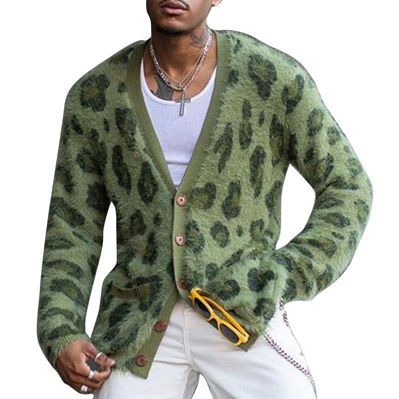 Men's Vintage Leopard V-Neck Single-Breasted Cardigan