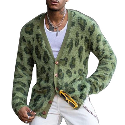 Men's Vintage Leopard V-Neck Single-Breasted Cardigan