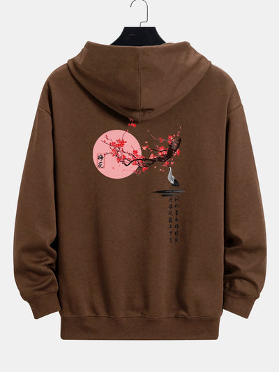 Larry | Plum Blossom And Crane Back Print Relax Fit Hoodie