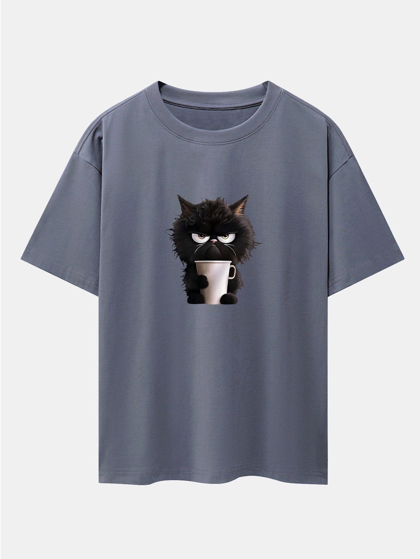 Augusto® | Black Cat Drinking Coffee Print Drop Shoulder Oversize T-Shirt