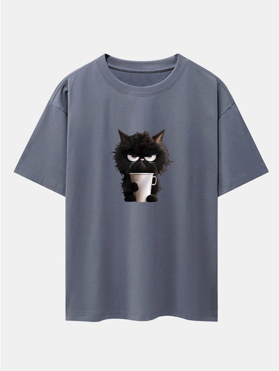 Augusto® | Black Cat Drinking Coffee Print Drop Shoulder Oversize T-Shirt