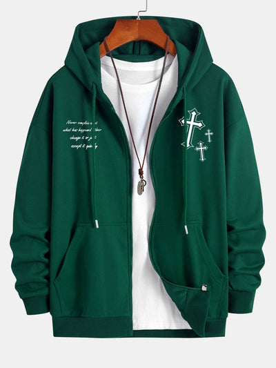 Waylon | Cross Slogan Print Relax Fit Zip Hoodie