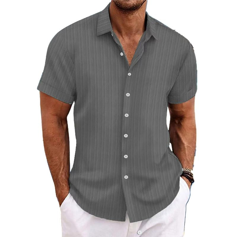 Men's Cotn Linen Stripe Print Loose Short Sleeve Lapel Shirt