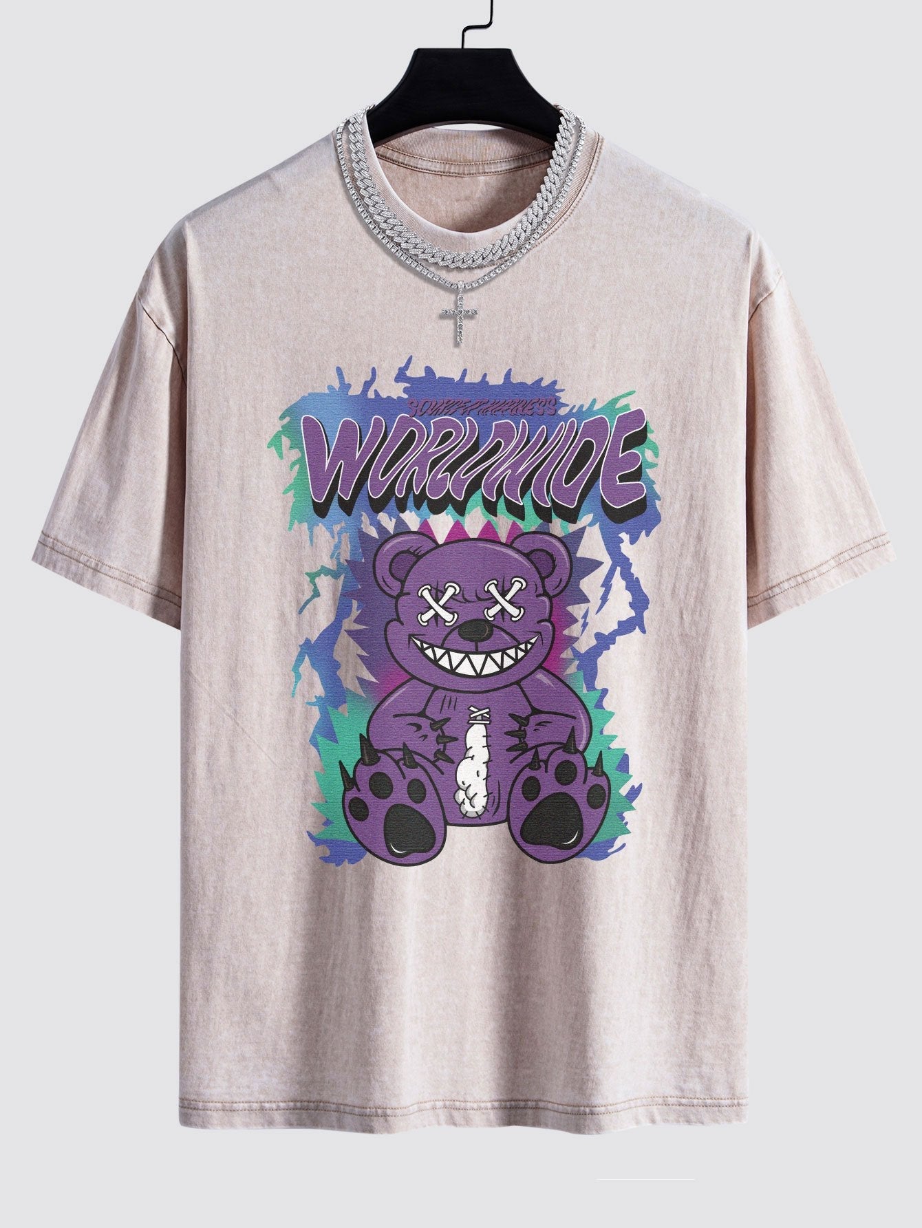 Jeremy® | Tattered Bear Print Washed Drop Shoulder Oversize T-Shirt