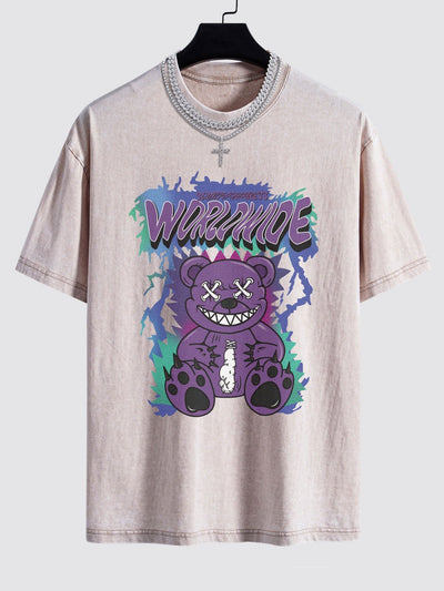 Jeremy® | Tattered Bear Print Washed Drop Shoulder Oversize T-Shirt