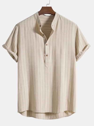 Aryan® | Linen Blend Striped Half Open Placket Henley Collar Shirt