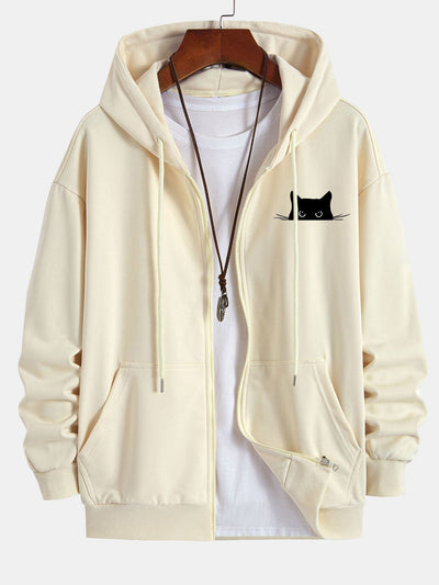 Harry | Black Cat Print Relax Fit Zip Hoodie