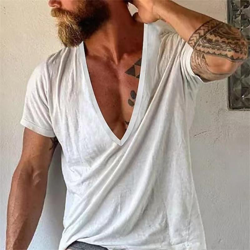 Men's Casal Solid Color Breathable Cotn V-Neck Short-Sleeved T-Shirt