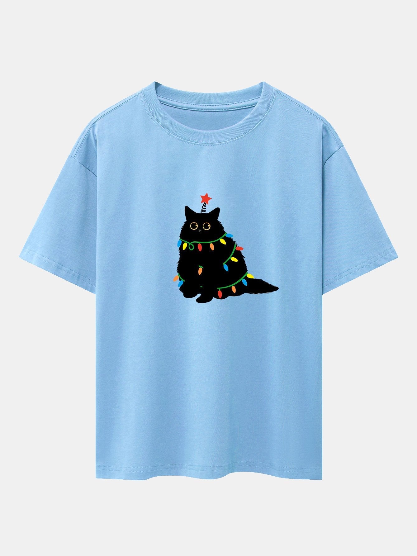 Juan® | Christmas Lights Black Cat Print Drop Shoulder Oversize T-Shirt