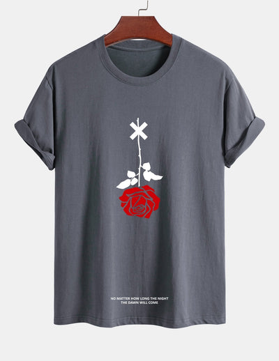 Teobaldo® | Inverted Rose Slogan Print Cotton T-Shirt