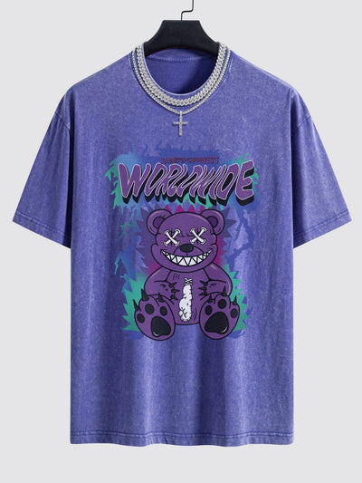 Jeremy® | Tattered Bear Print Washed Drop Shoulder Oversize T-Shirt