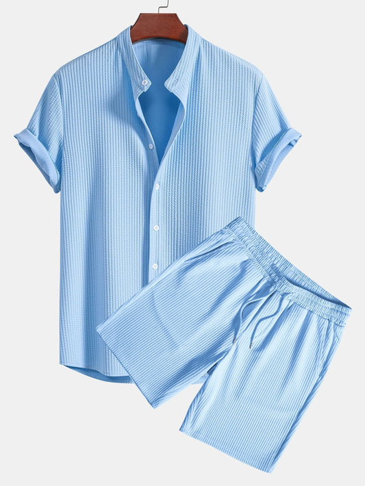 Adalgiso® | Muscle Fit Ribbed Stand Collar Shirt & Shorts
