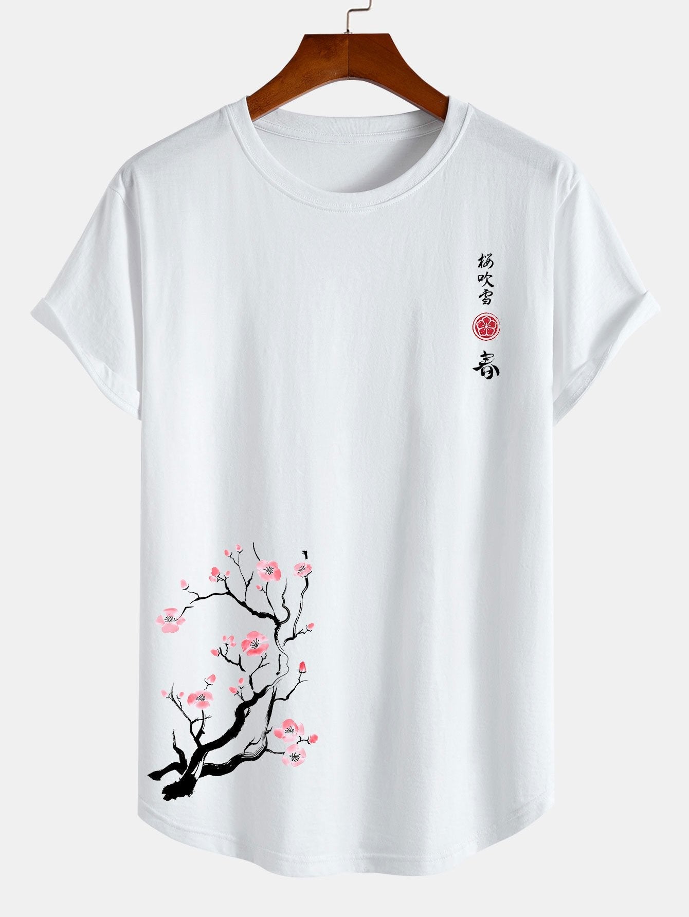 Kevin® | Cherry Blossoms Print Cotton Arc Hem T-Shirt