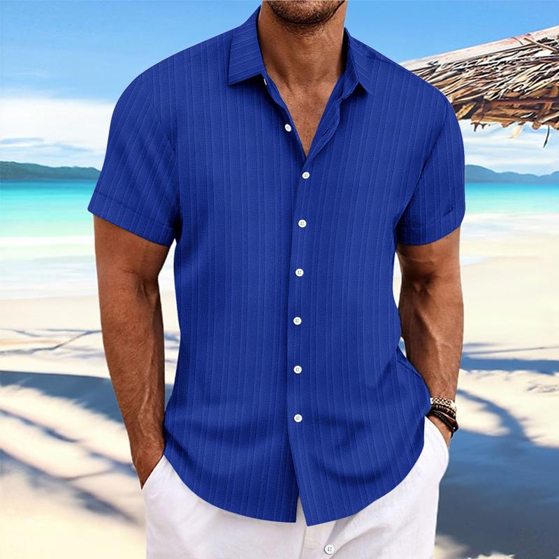 Men's Cotn Linen Stripe Print Loose Short Sleeve Lapel Shirt