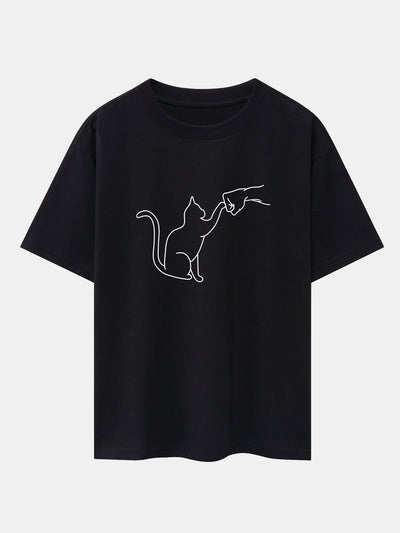 Asier® | Fist Bump Cat Print Drop Shoulder Oversize T-Shirt