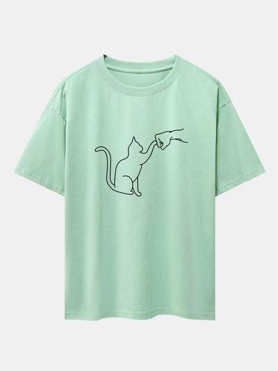 Asier® | Fist Bump Cat Print Drop Shoulder Oversize T-Shirt