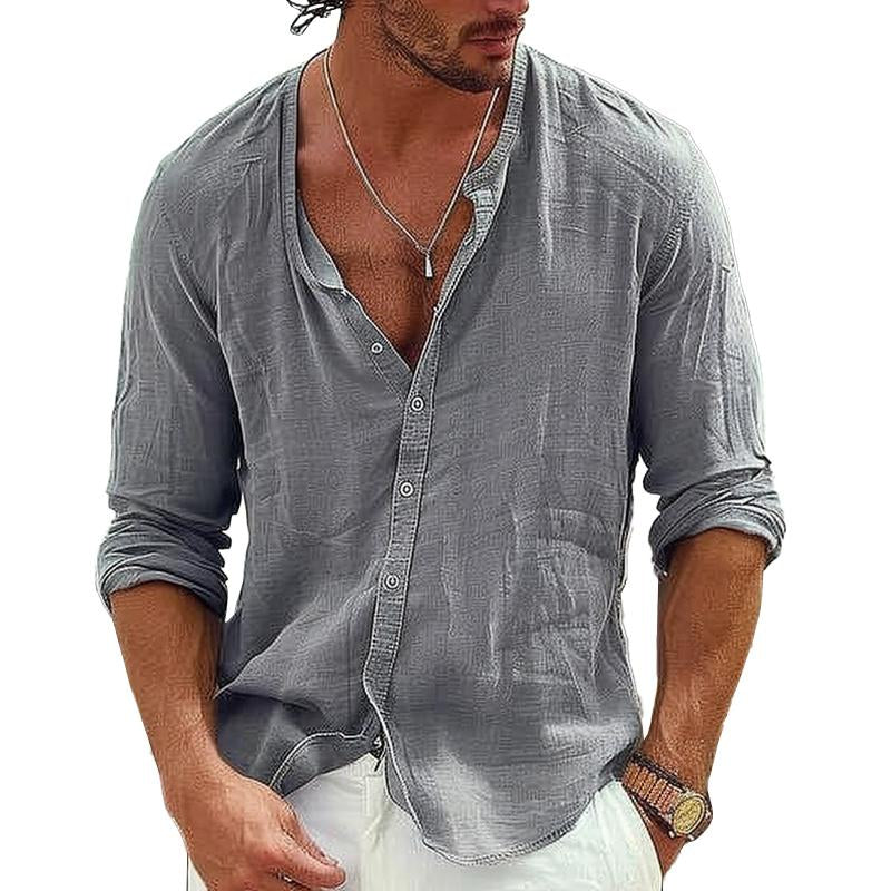 Men's Casal Cotn Linen Stand Collar Single Breasted Long-Sleeved Shirt