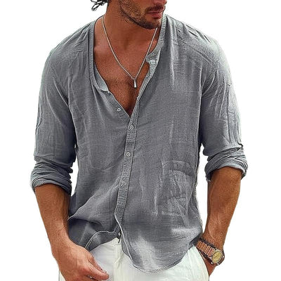Men's Casal Cotn Linen Stand Collar Single Breasted Long-Sleeved Shirt