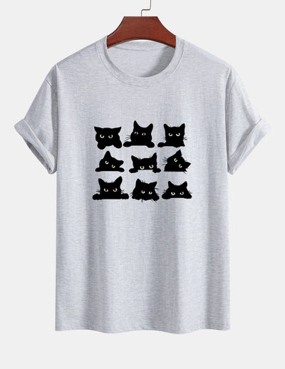 Arán® | Black Cat Staring Print Cotton T-Shirt