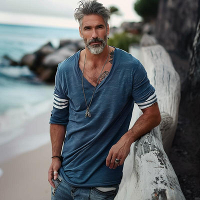 Men's Loose V-Neck Striped Patchwork Cotn Long-Sleeved T-Shirt