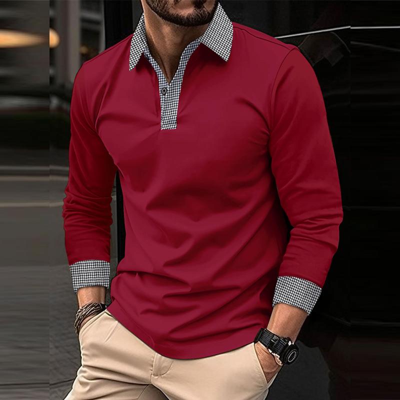 Men's Casal Plaid Patchwork Long-Sleeved Polo Shirt