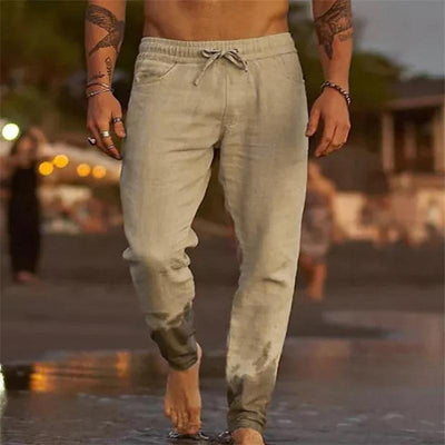 Men's Casal Solid Color Cotn Blend Drawstring Elastic Waist Loose Beach Pants