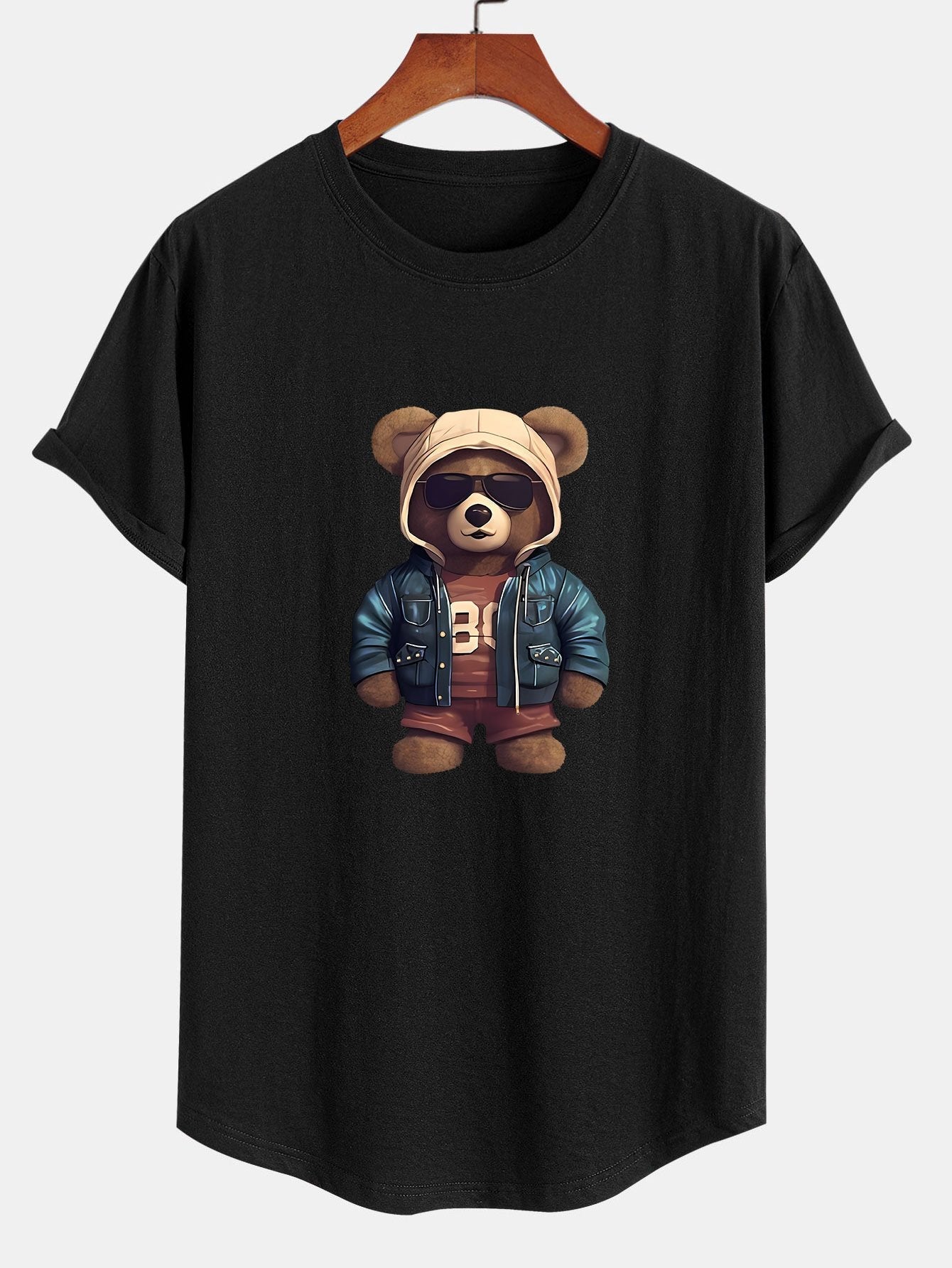 Allan® | Bear In Leather Jacket Print Cotton Arc Hem T-Shirt