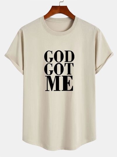 Raimundo® | God Got Me Print Cotton Arc Hem T-Shirt