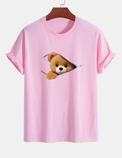 Yeshayahu® | Zipper Bear Print Cotton T-Shirt