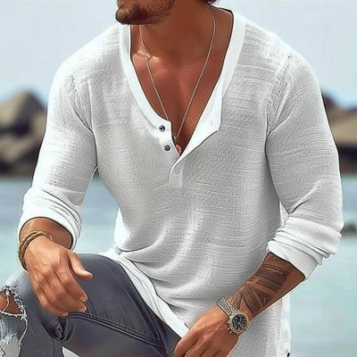 Men's Casal Breathable Cotn Linen  Neck Long-Sleeved T-Shirt