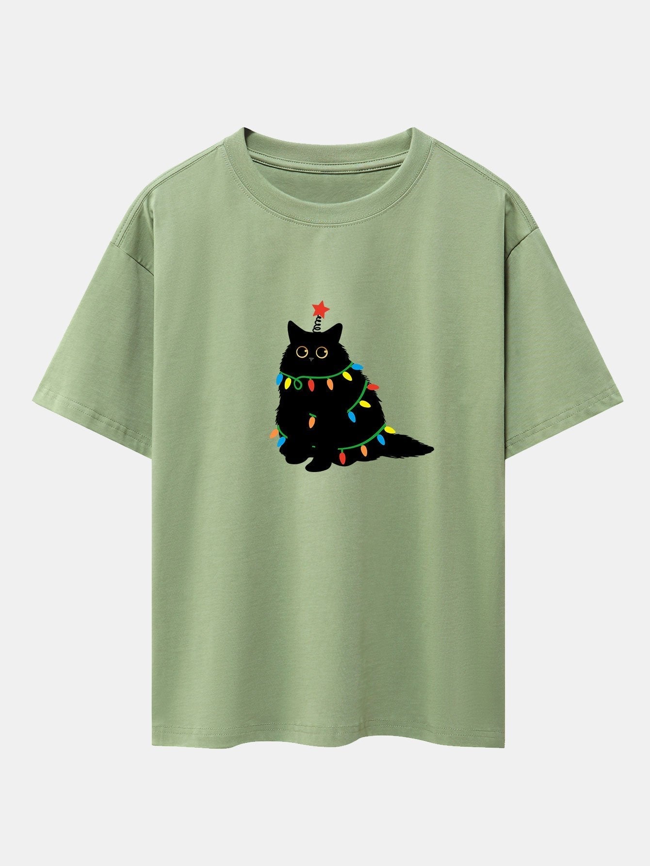 Silvano® | Christmas Lights Black Cat Print Drop Shoulder Oversize T-Shirt