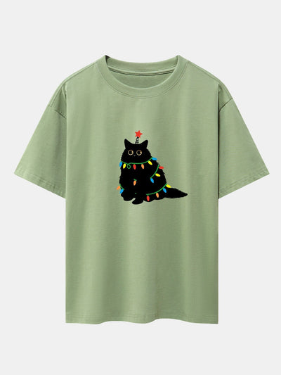 Silvano® | Christmas Lights Black Cat Print Drop Shoulder Oversize T-Shirt