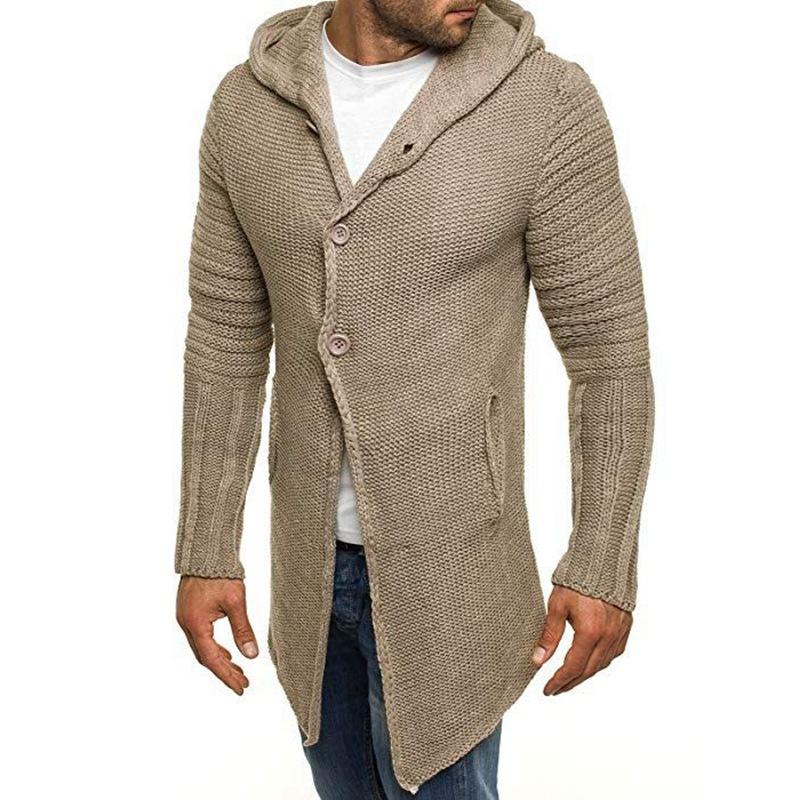 Men's Casual Hooded Single Breasted Long Sleeve Mid Length Knit Cardigan