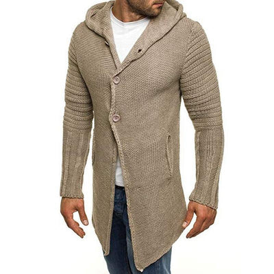 Men's Casual Hooded Single Breasted Long Sleeve Mid Length Knit Cardigan