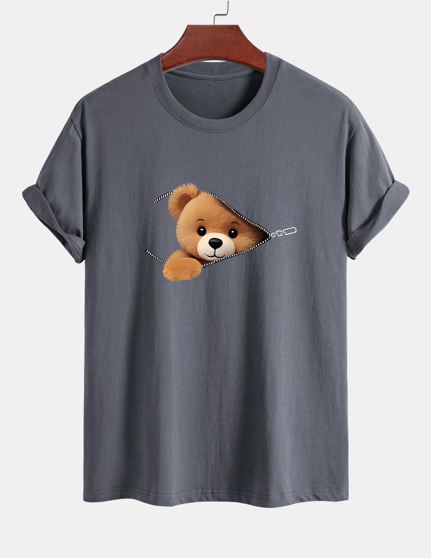 Yeshayahu® | Zipper Bear Print Cotton T-Shirt