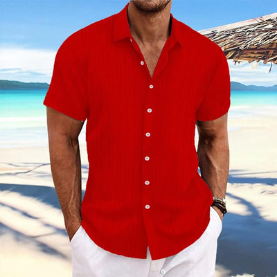 Men's Cotn Linen Stripe Print Loose Short Sleeve Lapel Shirt