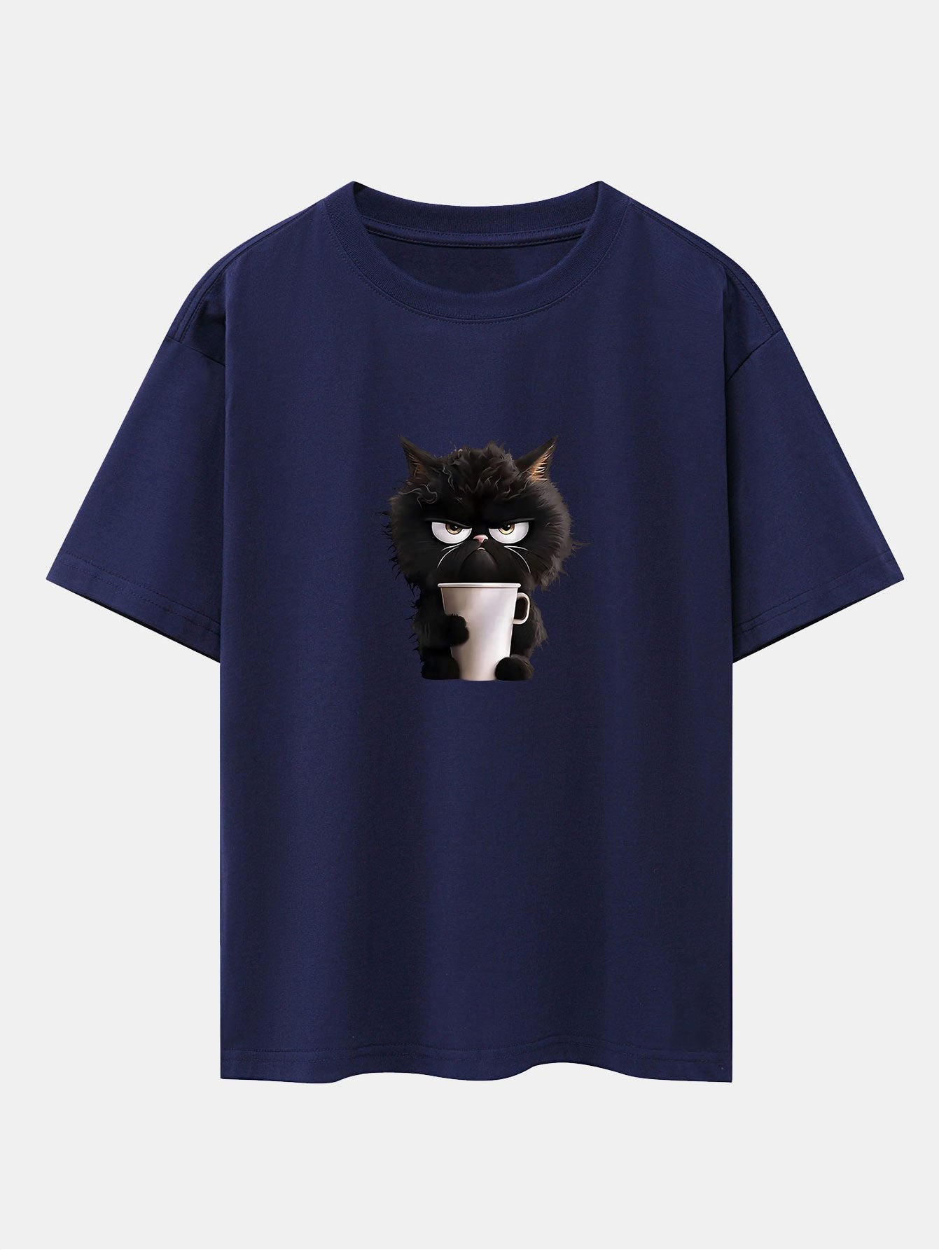 Augusto® | Black Cat Drinking Coffee Print Drop Shoulder Oversize T-Shirt
