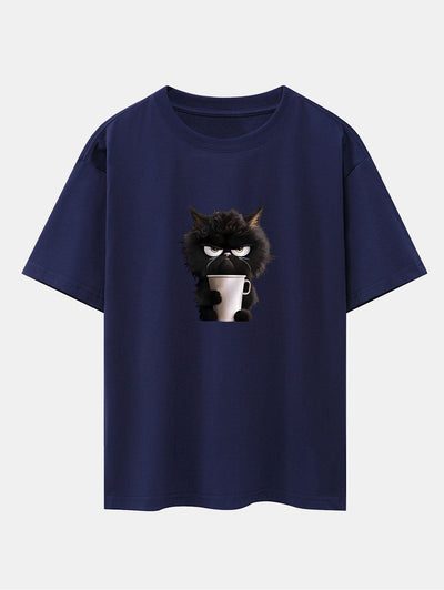 Augusto® | Black Cat Drinking Coffee Print Drop Shoulder Oversize T-Shirt