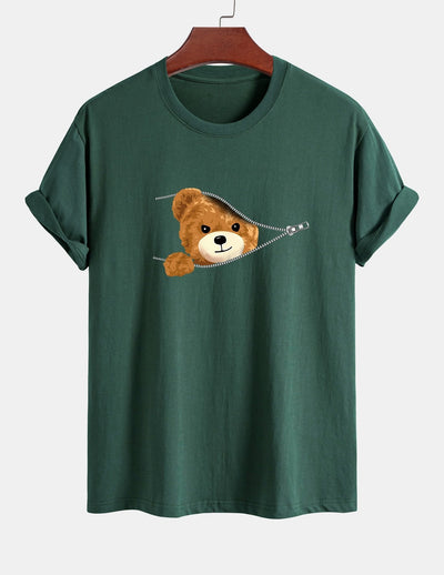 Yeray® | Zipper Bear Print Cotton T-Shirt