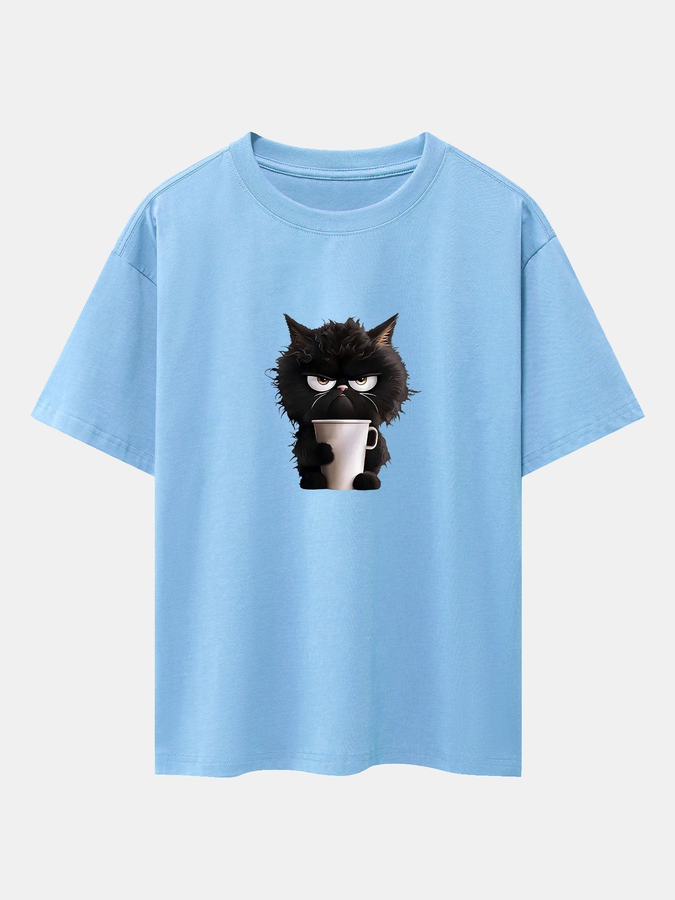 Augusto® | Black Cat Drinking Coffee Print Drop Shoulder Oversize T-Shirt
