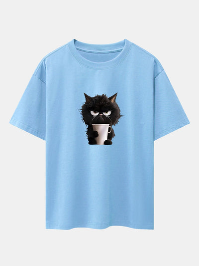 Augusto® | Black Cat Drinking Coffee Print Drop Shoulder Oversize T-Shirt