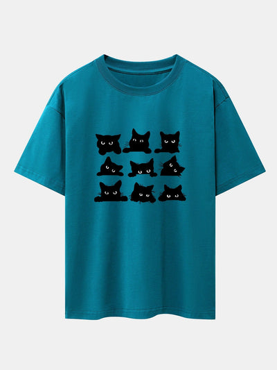 Zacarías® | Black Cat Staring Print Drop Shoulder Oversize T-Shirt