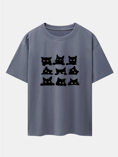 Zacarías® | Black Cat Staring Print Drop Shoulder Oversize T-Shirt